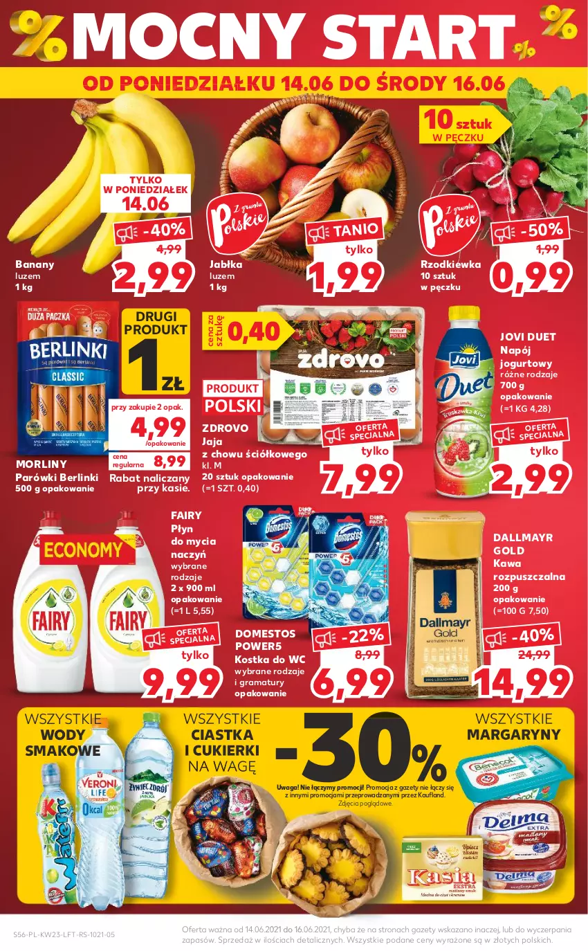 Gazetka promocyjna Kaufland - OFERTA TYGODNIA - ważna 10.06 do 16.06.2021 - strona 56 - produkty: Banany, Berlinki, Ciastka, Cukier, Cukierki, Dallmayr, Do mycia naczyń, Domestos, Fa, Fairy, Gra, Jabłka, Jaja, Jogurt, Kawa, Kawa rozpuszczalna, Kostka do wc, Morliny, Napój, Napój jogurtowy, Parówki, Płyn do mycia, Płyn do mycia naczyń, Rama, Rzodkiewka, Waga