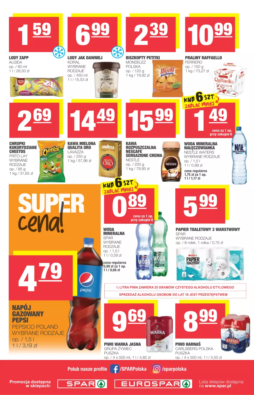 Gazetka promocyjna Spar - Eurospar - ważna 23.06 do 29.06.2021 - strona 4 - produkty: Algida, Biszkopty, Carlsberg, Cheetos, Chrupki, Fa, Ferrero, Harnaś, Kawa, Kawa mielona, Lavazza, LG, Lody, Nałęczowianka, Papier, Papier toaletowy, Pepsi, Piwo, Praliny, Raffaello, Warka, Woda, Woda mineralna