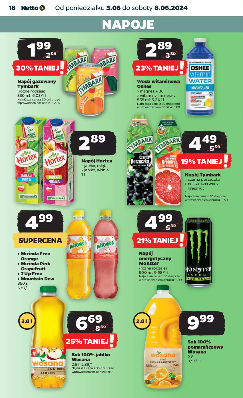 Gazetka promocyjna Netto - Artykuły spożywcze - ważna 03.06 do 08.06.2024 - strona 18 - produkty: Gra, Grejpfrut, Hortex, Magnez, Mięta, Mirinda, Napój, Napój energetyczny, Napój gazowany, Napoje, Nektar, Oshee, Por, Sok, Tymbark, Woda, Wosana