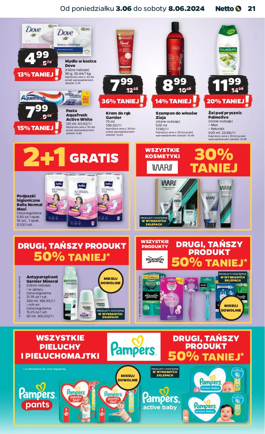 Gazetka promocyjna Netto - Artykuły spożywcze - ważna 03.06 do 08.06.2024 - strona 21 - produkty: Antyperspirant, Aquafresh, Bell, Bella, Dove, Garnier, Gra, Krem do rąk, Majtki, Mydło, Palmolive, Pieluchomajtki, Pieluchy, Podpaski, Szampon, Ziaja