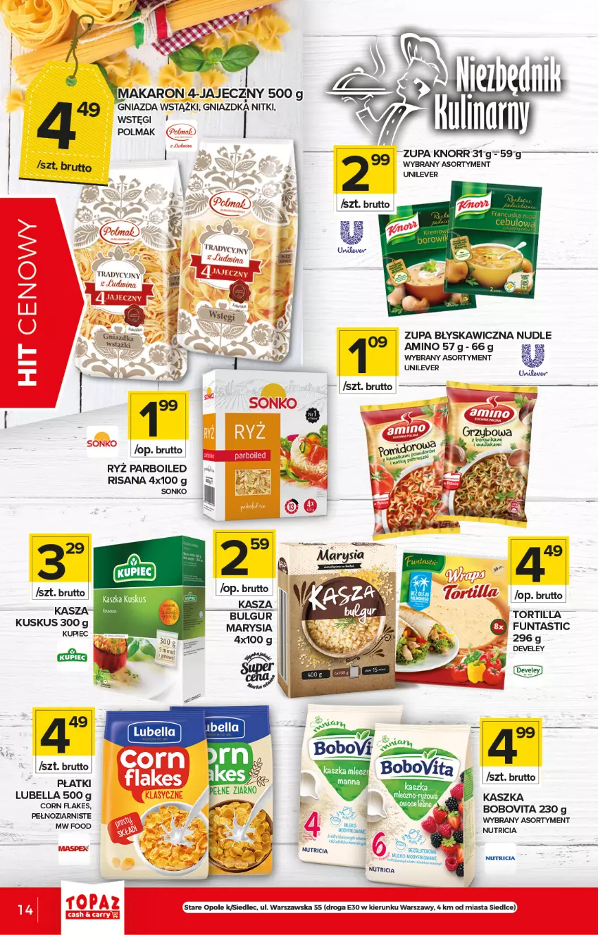 Gazetka promocyjna Topaz - Gazetka - ważna 03.06 do 09.06.2021 - strona 14 - produkty: Bell, Bella, BoboVita, Corn flakes, Isana, Knorr, Kupiec, Kuskus, Lubella, Olma, Piec, Risana, Ryż, Ryż parboiled, Sonko, Tortilla, Zupa