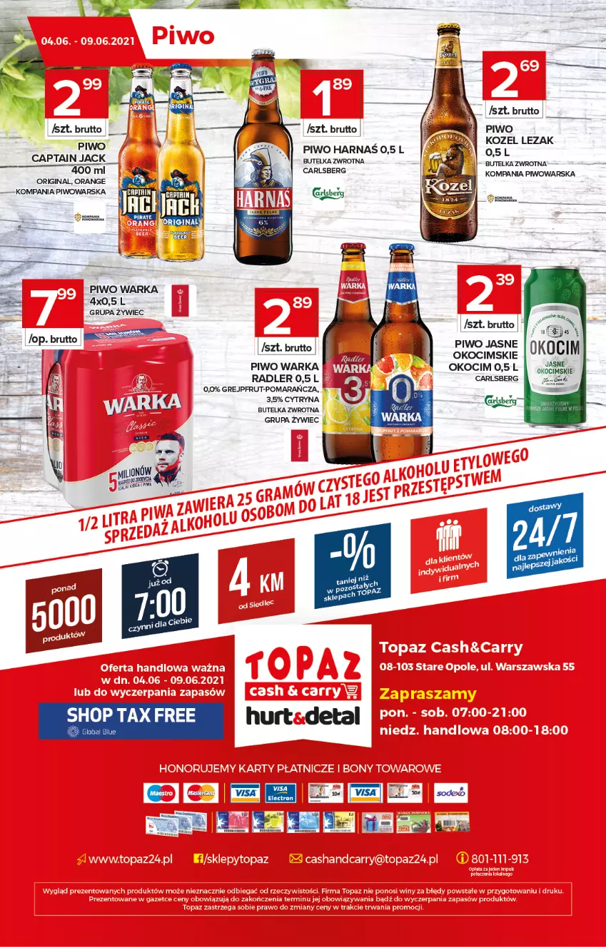 Gazetka promocyjna Topaz - Gazetka - ważna 03.06 do 09.06.2021 - strona 20 - produkty: Captain Jack, Carlsberg, Gin, Grejpfrut, Harnaś, Koc, Kozel, Okocim, Piwo, Radler, Warka