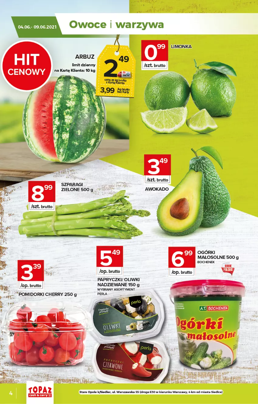 Gazetka promocyjna Topaz - Gazetka - ważna 03.06 do 09.06.2021 - strona 4 - produkty: Arbuz, Limonka, Oliwki, Owoce, Pomidorki