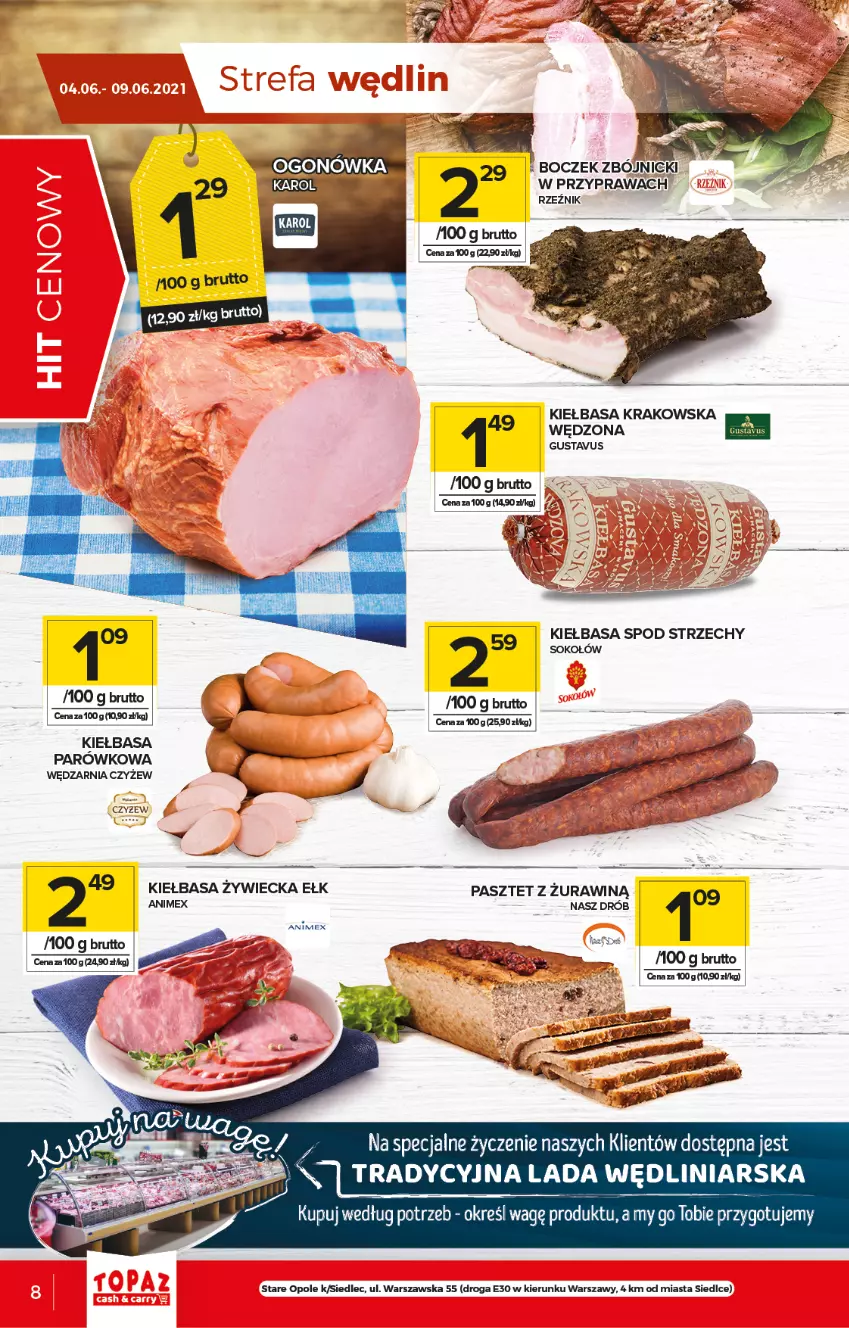 Gazetka promocyjna Topaz - Gazetka - ważna 03.06 do 09.06.2021 - strona 8 - produkty: Boczek, Drób, Kiełbasa, Kiełbasa krakowska, Pasztet, Sok, Sokołów