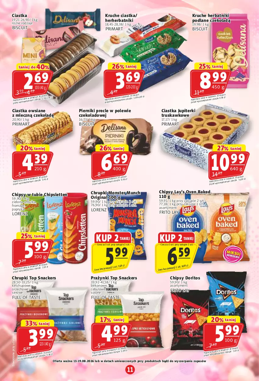 Gazetka promocyjna Prim Market - ważna 13.08 do 19.08.2026 - strona 11 - produkty: Beko, Chipsy, Chrupki, Ciastka, Ciastka owsiane, Gin, Herbatniki, Ketchup, Lorenz, Monster Munch, Papryka, Piernik, Precle, Prima, Ser, Top