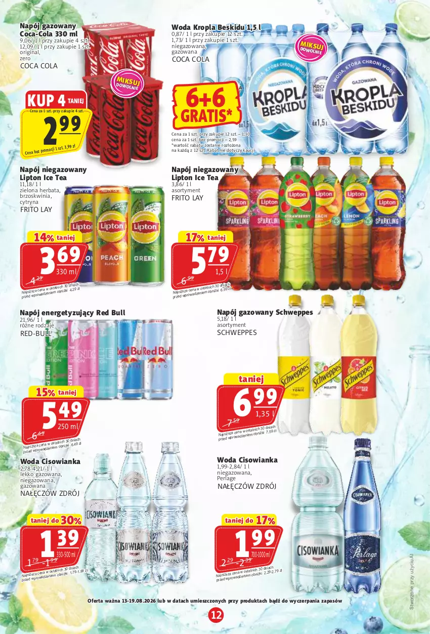 Gazetka promocyjna Prim Market - ważna 13.08 do 19.08.2026 - strona 12 - produkty: Cisowianka, Coca-Cola, Gin, Gra, Herbata, Ice tea, Lipton, Napój, Napój gazowany, Napój niegazowany, Red Bull, Schweppes, Woda