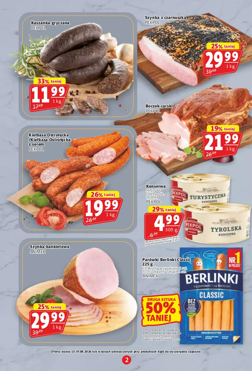 Gazetka promocyjna Prim Market - ważna 13.08 do 19.08.2026 - strona 2 - produkty: Berlinki, Boczek, Cars, Gry, Kasza, Kaszanka, Kiełbasa, Parówki, Pekpol, Por, Ser, Szynka