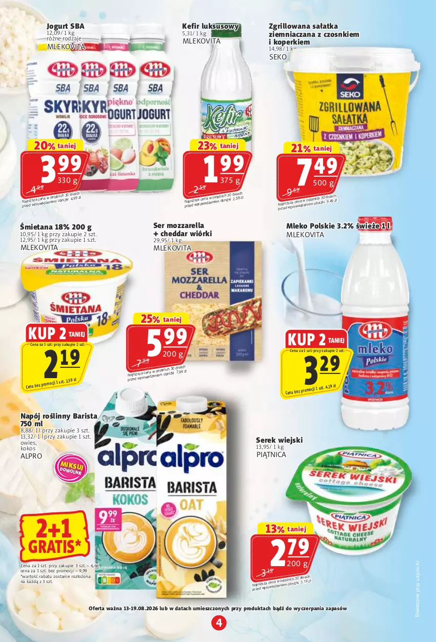 Gazetka promocyjna Prim Market - ważna 13.08 do 19.08.2026 - strona 4 - produkty: Alpro, Cheddar, Gra, Grill, Jogurt, Kokos, Mleko, Mlekovita, Mozzarella, Napój, Napój roślinny, Piątnica, Sałat, Sałatka, SEKO, Ser, Serek, Serek wiejski