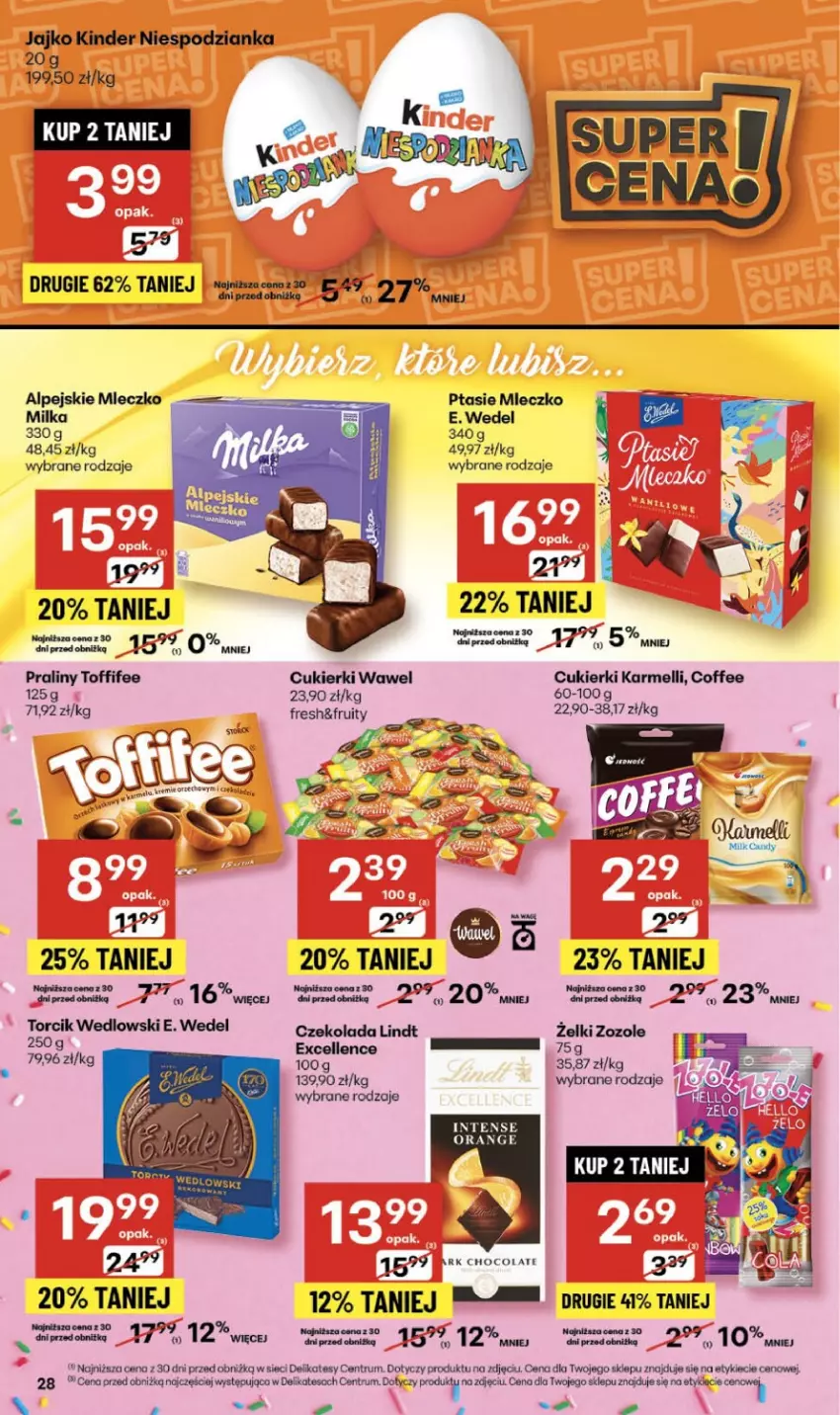 Gazetka promocyjna Delikatesy Centrum - Franczyza DC46 Czwartek - ważna 13.11 do 19.11.2025 - strona 28 - produkty: Cukier, Cukierki, Czekolada, E. Wedel, Kinder, Lindt, Milka, Mleczko, Praliny, Ptasie mleczko, Rum, Toffifee, Wawel