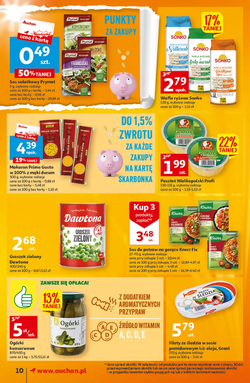 Gazetka promocyjna Auchan - Gazetka Wielkie majowe odkrycia cenowe część #4 Supermarket Auchan - ważna 18.05 do 27.05.2023 - strona 10 - produkty: Dawtona, Gra, Graal, Groszek, Knorr, Makaron, Ogórki konserwowe, Olej, Pasztet, Prymat, Rum, Ryż, Sałat, Ser, Sonko, Sos, Wafle