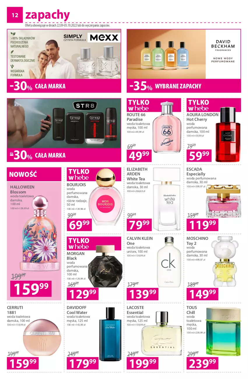 Gazetka promocyjna Hebe - Gazetka - ważna 22.09 do 05.10.2022 - strona 12 - produkty: Bourjois, Calvin Klein, Cerruti, Davidoff, Elizabeth Arden, Escada, Lack, Lacoste, Moschino, Perfum, Woda, Woda perfumowana, Woda toaletowa