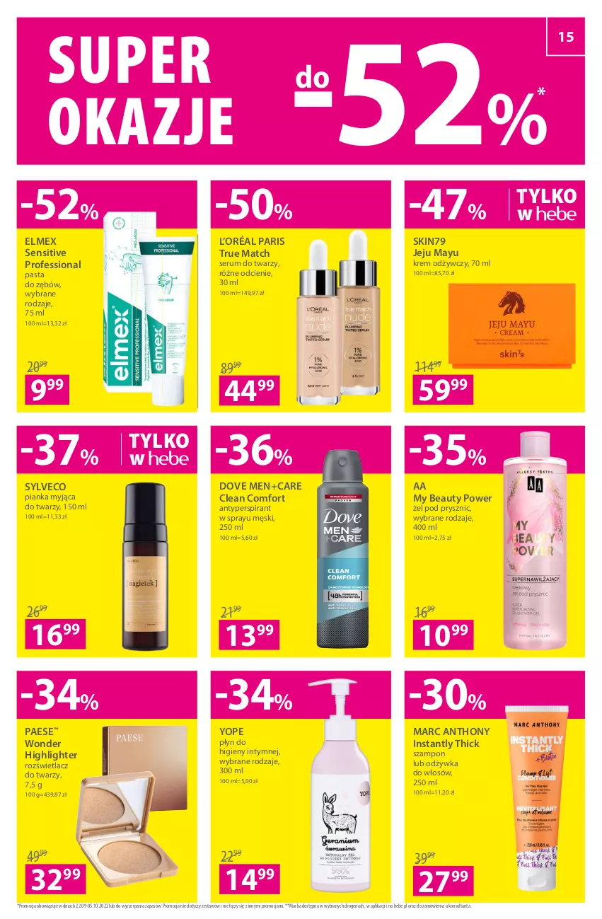 Gazetka promocyjna Hebe - Gazetka - ważna 22.09 do 05.10.2022 - strona 15 - produkty: Antyperspirant, Dove, Elmex, Krem odżywczy, L’Oréal, Odżywka, PAESE, Pasta do zębów, Płyn do higieny intymnej, Rozświetlacz, Rum, Ser, Serum, Serum do twarzy, Skin79, Szampon, Yope