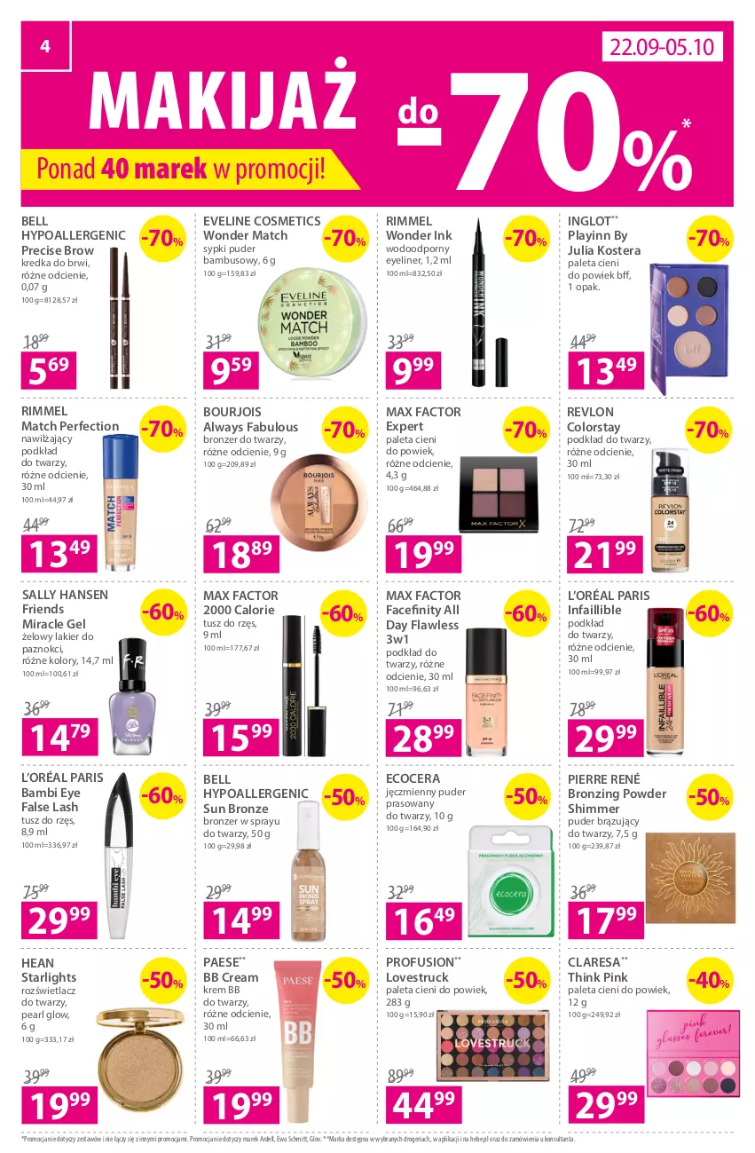 Gazetka promocyjna Hebe - Gazetka - ważna 22.09 do 05.10.2022 - strona 4 - produkty: Always, Bell, Bell HypoAllergenic, Bourjois, Bronzer, Dell, Eveline, Ewa Schmitt, Fa, Fusion, Kredka, Kredka do brwi, Krem bb, L’Oréal, Lakier, Lakier do paznokci, Makijaż, Max Factor, PAESE, Paleta, Pierre René, Podkład, Podkład do twarzy, Por, Puder, Puder prasowany, Revlon, Rozświetlacz, Sally Hansen, Tera, Tusz