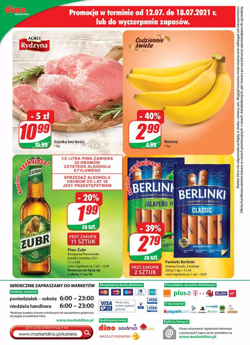 Gazetka promocyjna Dino - Gazetka - ważna 14.07 do 20.07.2021 - strona 20 - produkty: Berlinki, Parówki, Piwo, Ser, Szynka, Tera