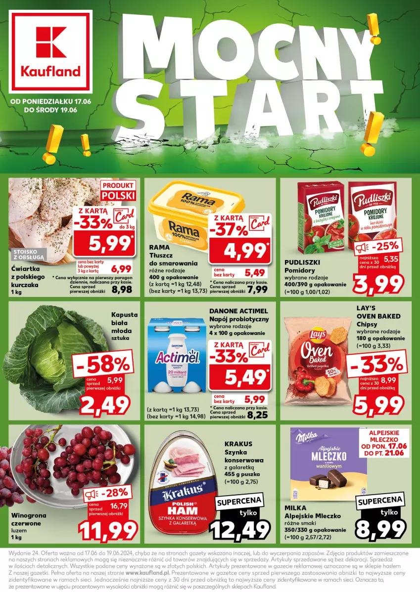 Gazetka promocyjna Kaufland - Kaufland - ważna 17.06 do 19.06.2024 - strona 1 - produkty: Actimel, Chipsy, Danone, Gala, Grill, Koc, Krakus, Kurczak, Milka, Mleczko, Napój, Pomidory, Pomidory krojone, Pudliszki, Rama, Ser, Szynka, Wino, Winogrona