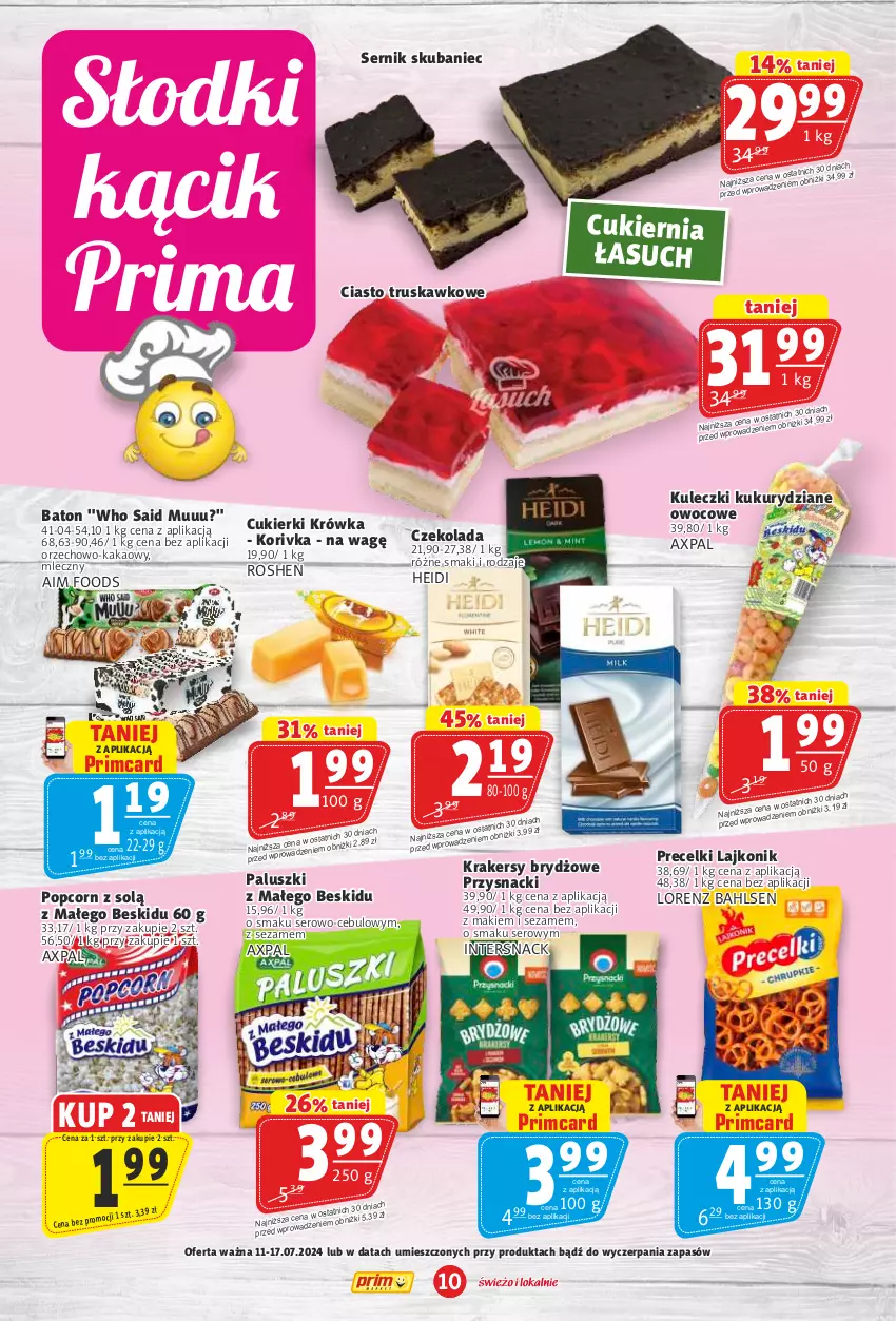 Gazetka promocyjna Prim Market - ważna 11.07 do 17.07.2024 - strona 10 - produkty: Baton, Cukier, Cukierki, Czekolada, Kakao, Krakersy, Lajkonik, Lorenz, Popcorn, Precelki, Przysnacki, Ser, Sezam