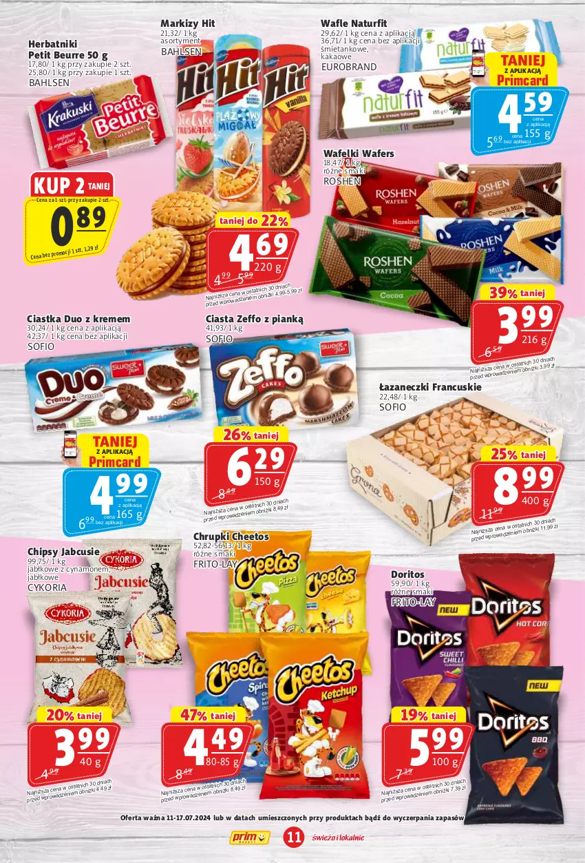 Gazetka promocyjna Prim Market - ważna 11.07 do 17.07.2024 - strona 11 - produkty: Cheetos, Chipsy, Chrupki, Ciastka, Herbatniki, Herbatniki Petit Beurre, Kakao