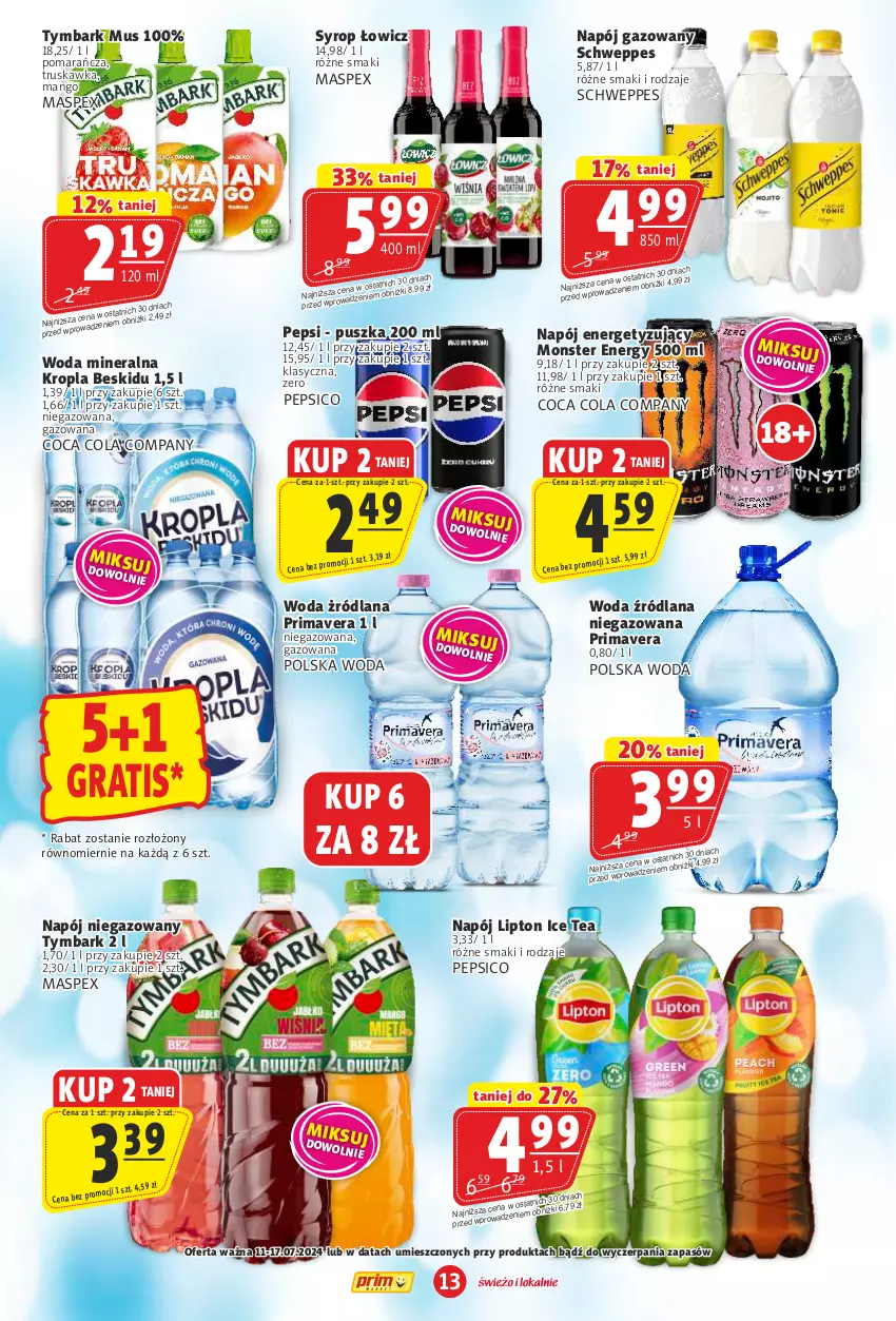 Gazetka promocyjna Prim Market - ważna 11.07 do 17.07.2024 - strona 13 - produkty: Gra, Ice tea, LANA, Lipton, Mango, Mus, Napój, Napój gazowany, Napój niegazowany, Pepsi, Prima, Primavera, Schweppes, Syrop, Tymbark, Woda, Woda mineralna