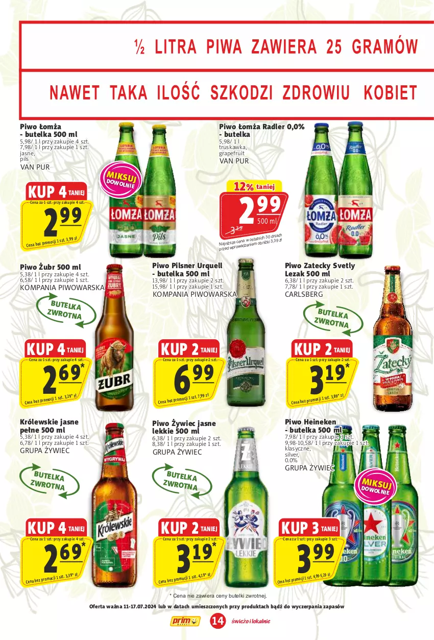 Gazetka promocyjna Prim Market - ważna 11.07 do 17.07.2024 - strona 14 - produkty: Carlsberg, Gra, Heineken, Królewski, Pilsner Urquell, Piwo, Pur, Radler