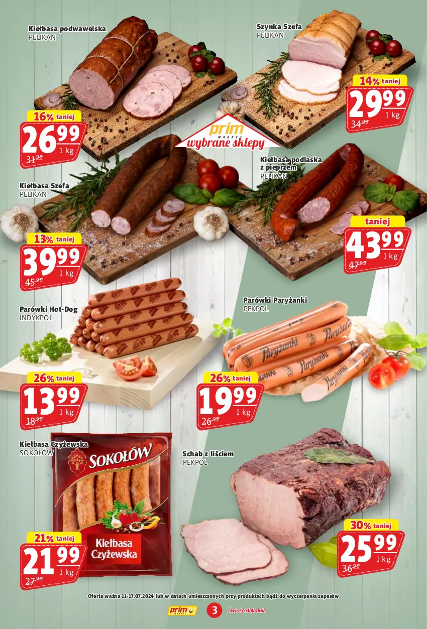 Gazetka promocyjna Prim Market - ważna 11.07 do 17.07.2024 - strona 3 - produkty: Fa, Kiełbasa, Kiełbasa podwawelska, Parówki, Pekpol, Pieprz, Ryż, Sok, Sokołów, Szynka, Wawel