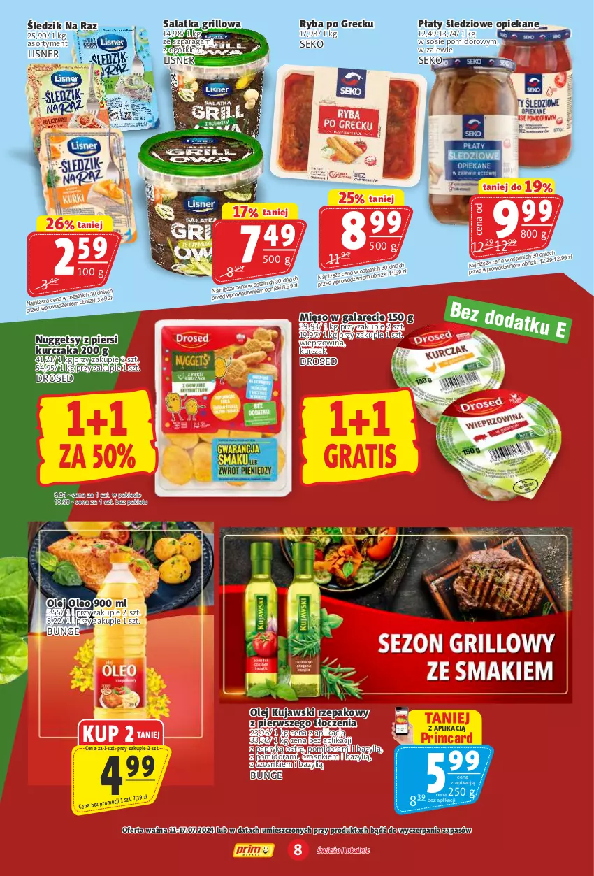 Gazetka promocyjna Prim Market - ważna 11.07 do 17.07.2024 - strona 8 - produkty: Bazyl, Gala, Gra, Grill, Kujawski, Kurczak, Lisner, Mięso, Mięso w galarecie, Olej, Oleo, Płaty śledziowe, Ryba, Ryba po grecku, Sałat, Sałatka, SEKO, Sos, Wieprzowina