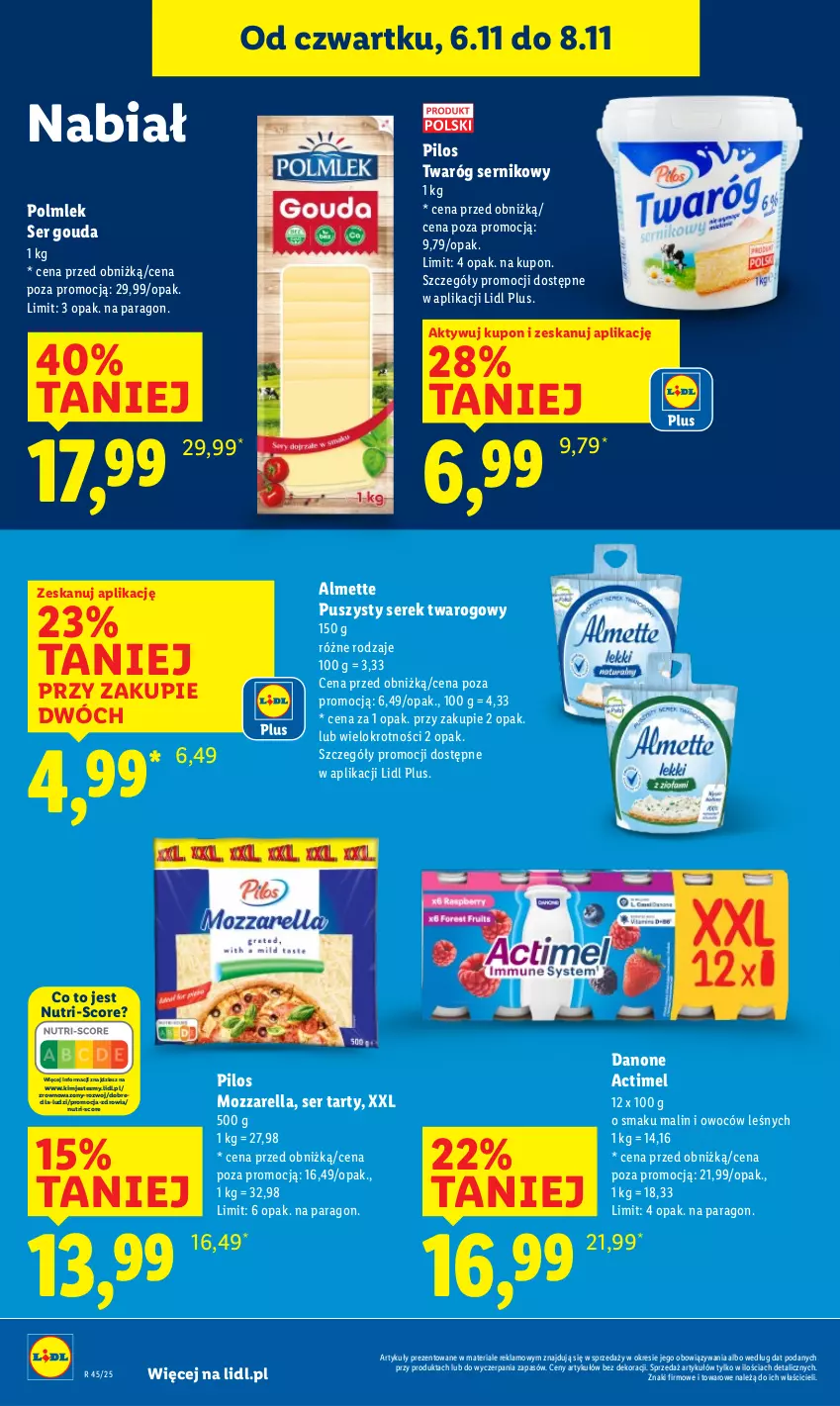 Gazetka promocyjna Lidl - GAZETKA - ważna 06.11 do 08.11.2025 - strona 36 - produkty: Actimel, Almette, Anew, Danone, Gouda, Mozzarella, Pilos, POLMLEK, Ser, Serek, Serek twarogowy, Twaróg, Wazon