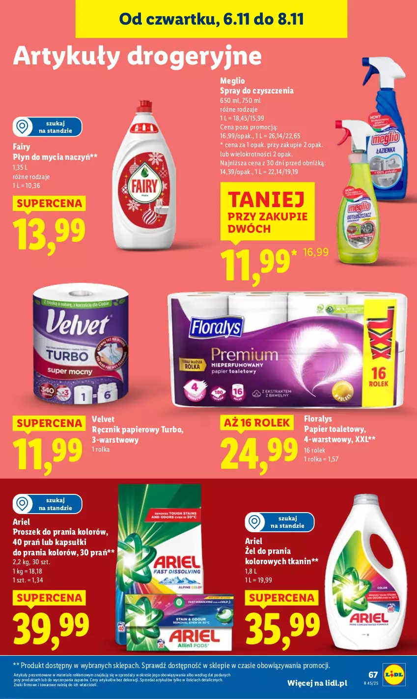 Gazetka promocyjna Lidl - GAZETKA - ważna 06.11 do 08.11.2025 - strona 69 - produkty: Ariel, Do mycia naczyń, Fa, Fairy, Flora, Kapsułki do prania, Papier, Papier toaletowy, Płyn do mycia, Płyn do mycia naczyń, Proszek do prania, Ręcznik, Spray do czyszczenia, Velvet