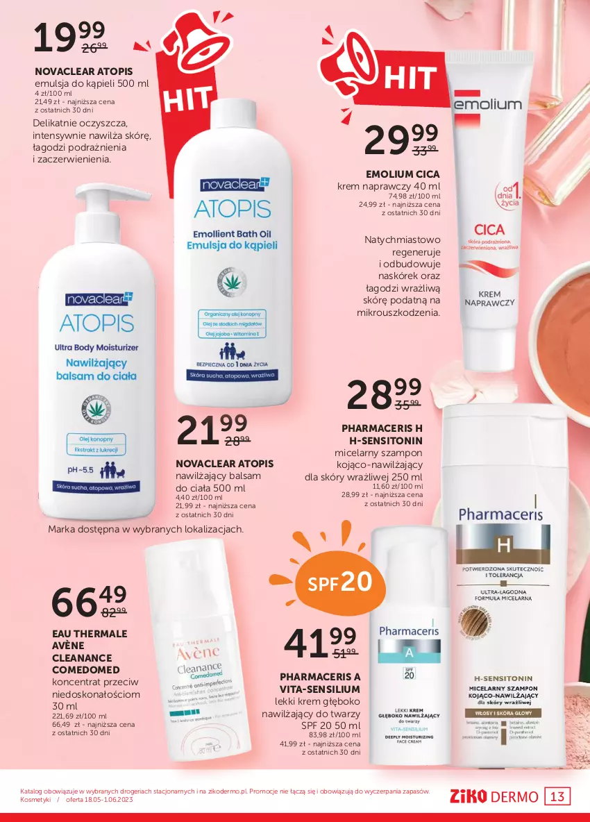 Gazetka promocyjna Ziko - Gazetka Ziko Dermo - ważna 18.05 do 01.06.2023 - strona 13 - produkty: Acer, Avène, Balsam do ciała, Emolium, Emulsja, Emulsja do kąpieli, Nawilżający balsam, Pharmaceris, Sito, Szampon, Top