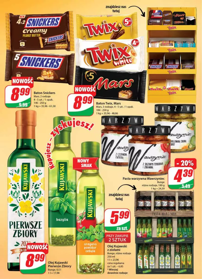 Gazetka promocyjna Dino - Gazetka - ważna 07.09 do 13.09.2022 - strona 4 - produkty: Baton, Kujawski, Mars, Mus, Olej, Pasta warzywna, Snickers, Twix