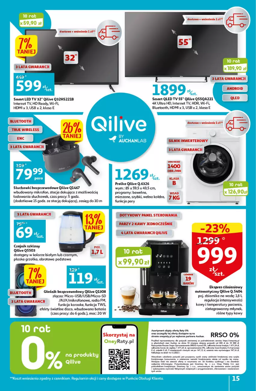 Gazetka promocyjna Auchan - Gazetka Rewelacyjne Marki Auchan Hipermarket Auchan - ważna 26.01 do 01.02.2023 - strona 15 - produkty: Bateria, Czajnik, Głośnik, Gra, Grzałka, HD ready, Kołdra, Kosz, LED TV, Mikrofon, Młynek, Pralka, Ser, Słuchawki, Słuchawki bezprzewodowe, Top, Wełna