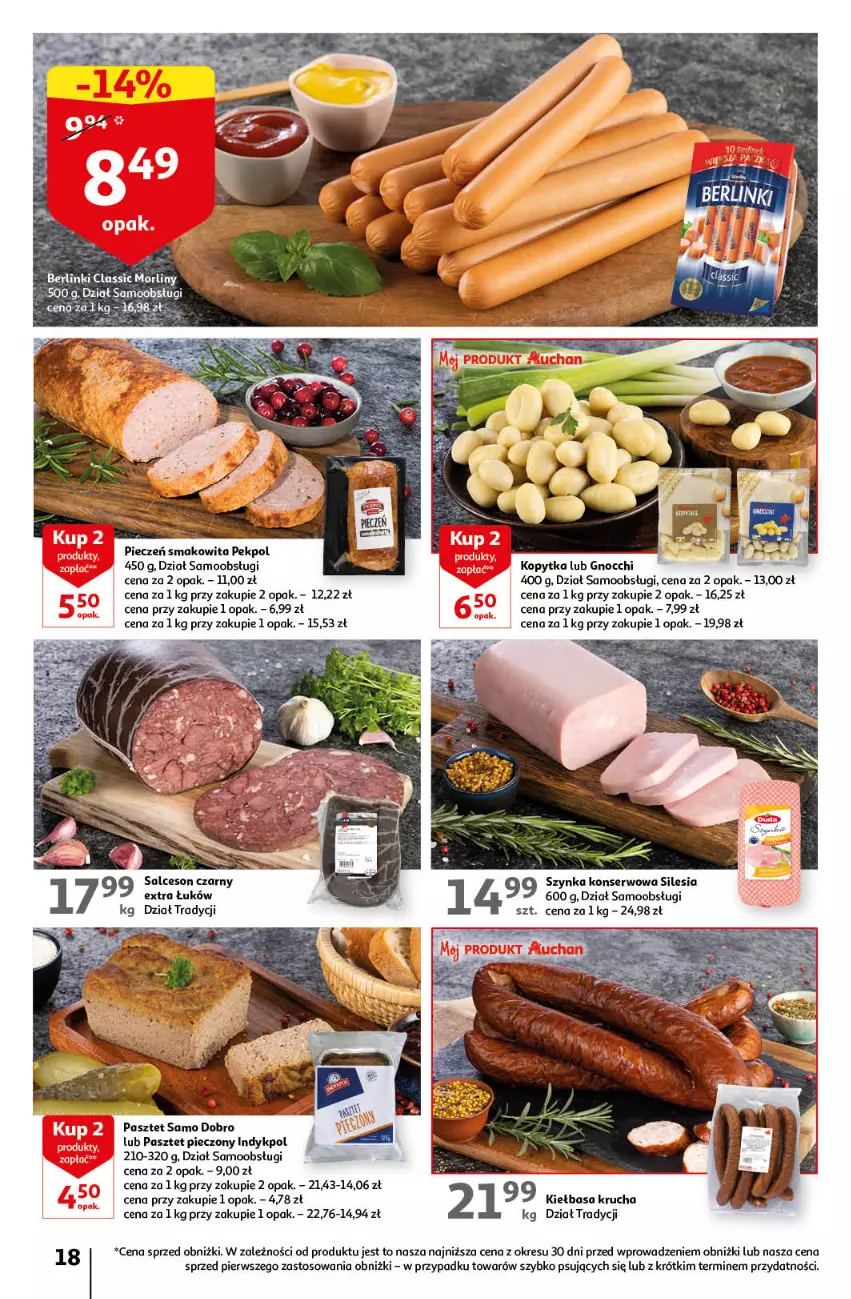 Gazetka promocyjna Auchan - Gazetka Rewelacyjne Marki Auchan Hipermarket Auchan - ważna 26.01 do 01.02.2023 - strona 18 - produkty: Berlinki, Gnocchi, Kiełbasa, Kiełbasa krucha, Kopytka, Morliny, O nas, Pasztet, Pekpol, Piec, Salceson, Ser, Smakowita, Szynka, Szynka konserwowa