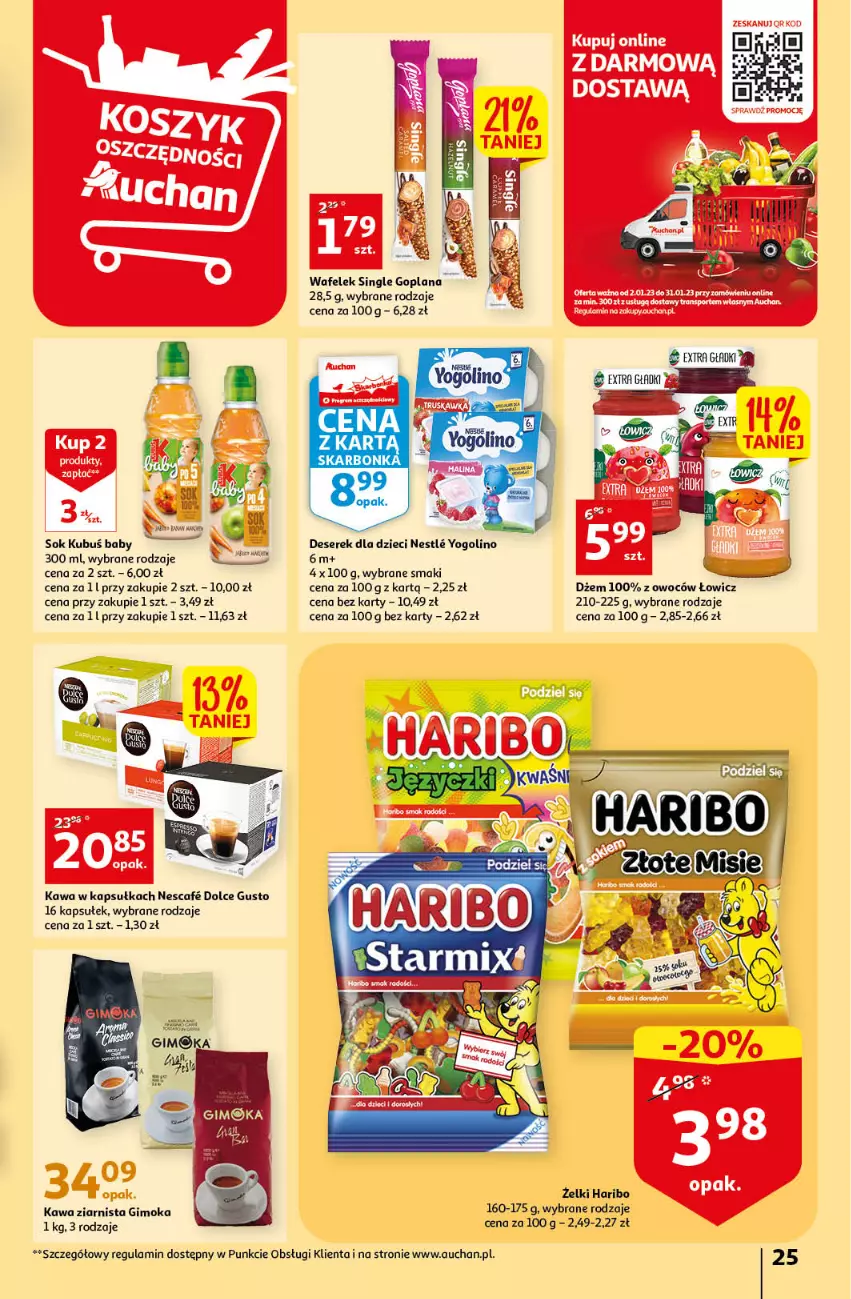 Gazetka promocyjna Auchan - Gazetka Rewelacyjne Marki Auchan Hipermarket Auchan - ważna 26.01 do 01.02.2023 - strona 25 - produkty: Deser, Dolce Gusto, Dżem, Dzieci, Gimoka, Goplana, Haribo, Kawa, Kawa ziarnista, Kubuś, LANA, Ser, Serek, Sok, Wafelek