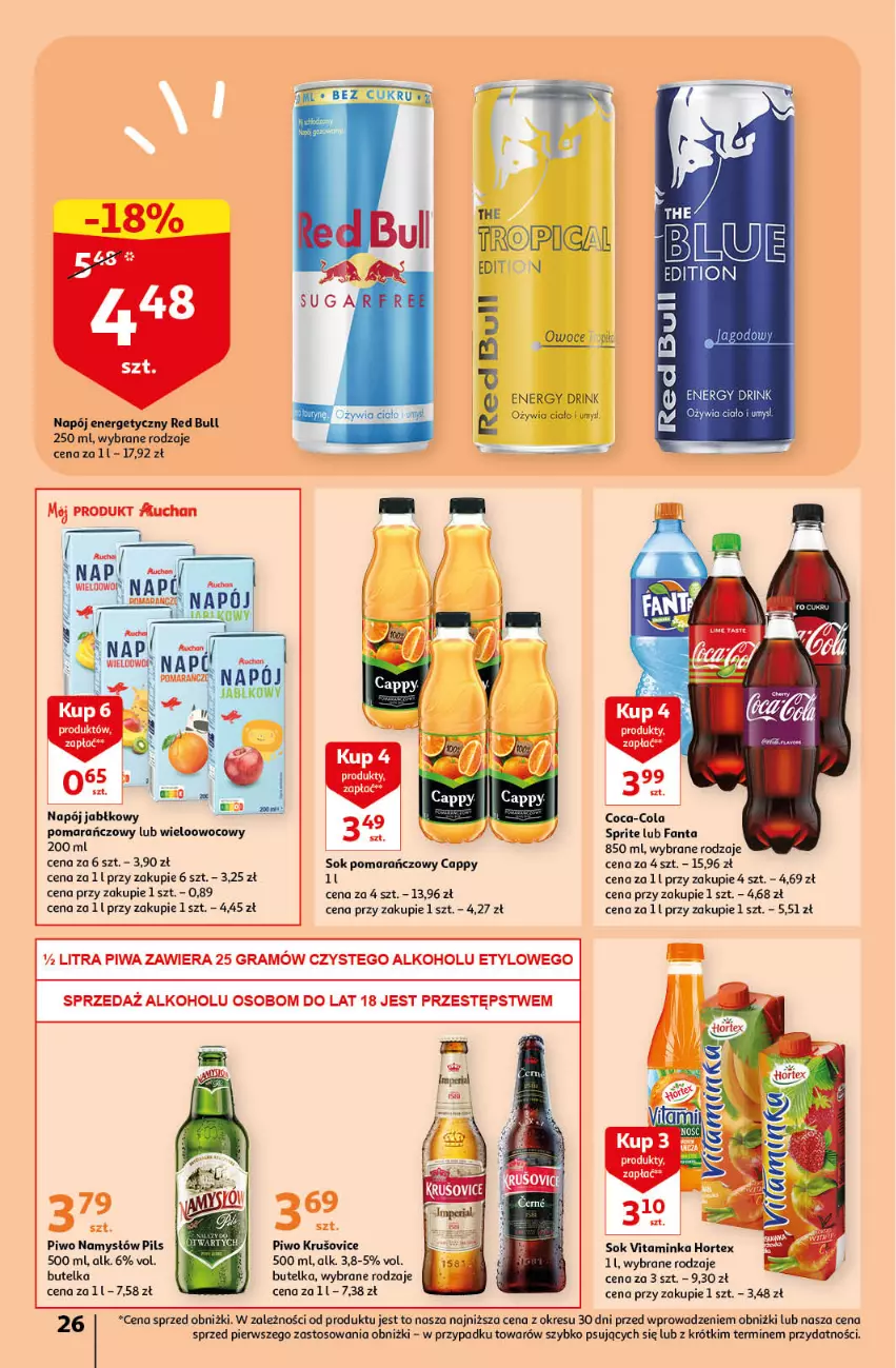 Gazetka promocyjna Auchan - Gazetka Rewelacyjne Marki Auchan Hipermarket Auchan - ważna 26.01 do 01.02.2023 - strona 26 - produkty: Cappy, Coca-Cola, Fa, Fanta, Gra, Hortex, Inka, Namysłów, Napój, Napój energetyczny, O nas, Owoce, Piwa, Piwo, Red Bull, Sok, Sok pomarańczowy, Sprite