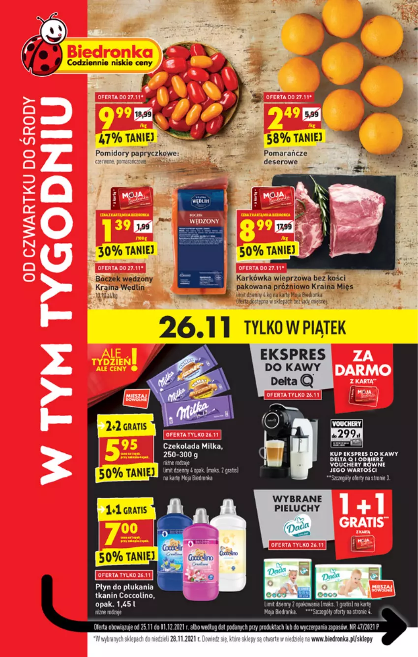 Gazetka promocyjna Biedronka - W tym tygodniu - ważna 25.11 do 01.12.2021 - strona 1 - produkty: Boczek, Boczek wedzony, Coccolino, Czekolada, Deser, Dron, Gra, Karkówka wieprzowa, Milka, Pieluchy, Płyn do płukania, Pomarańcze, Ser