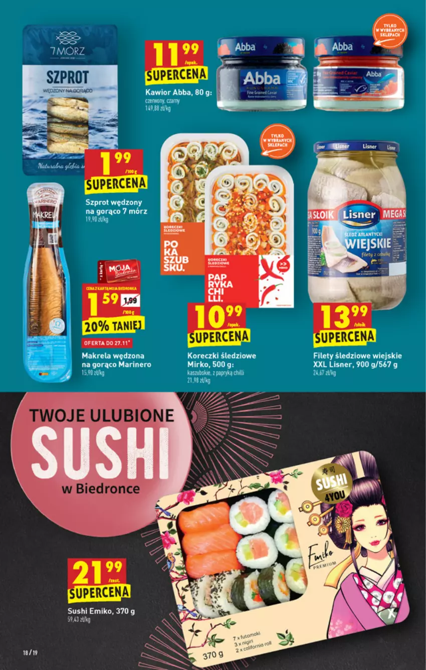 Gazetka promocyjna Biedronka - W tym tygodniu - ważna 25.11 do 01.12.2021 - strona 18 - produkty: Koreczki śledziowe, Lisner, Sushi, Szprot