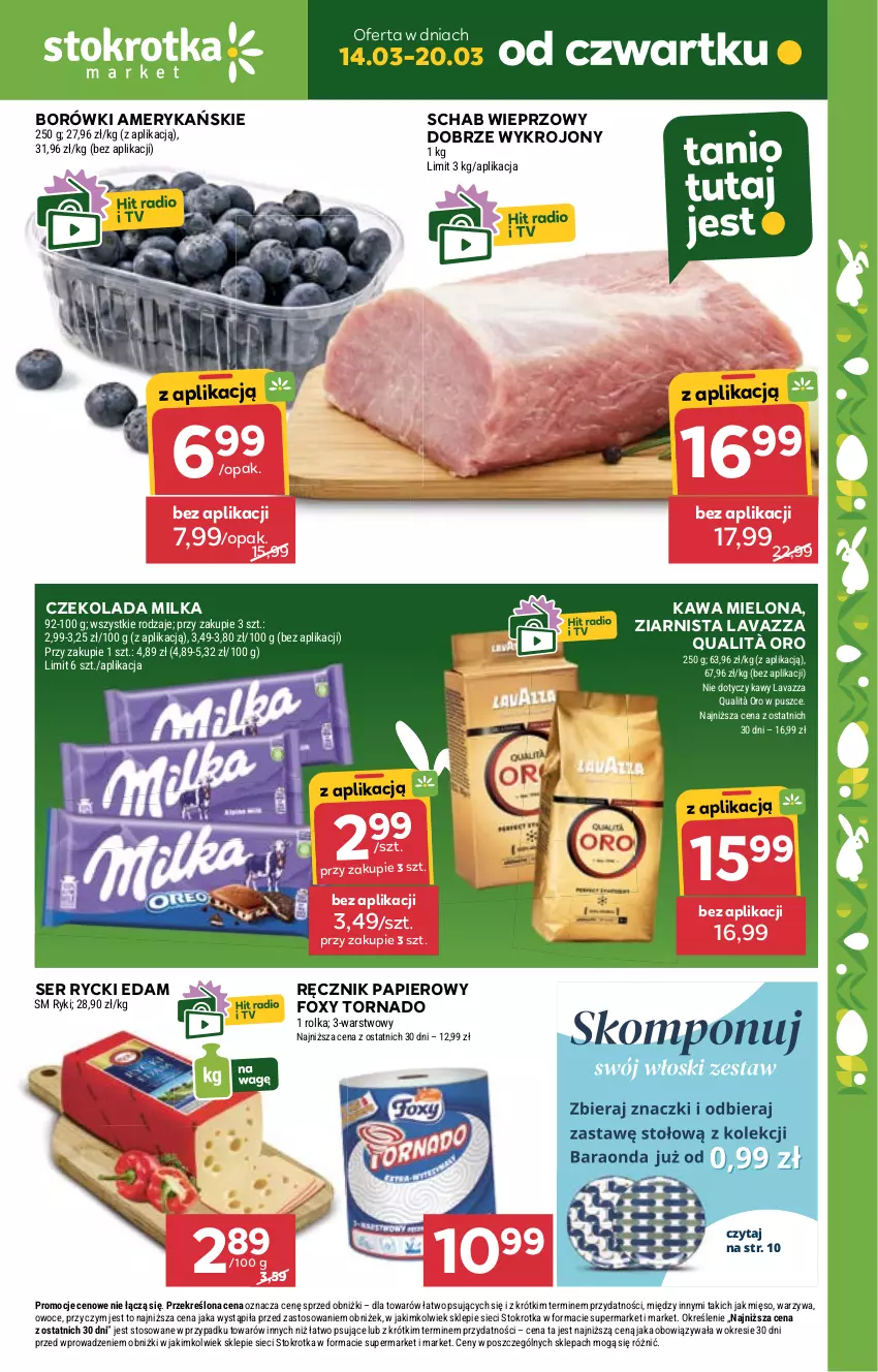 Gazetka promocyjna Stokrotka - Market - ważna 14.03 do 20.03.2024 - strona 1 - produkty: Czekolada, Edam, Foxy, Kawa, Kawa mielona, Lavazza, Mięso, Milka, Owoce, Papier, Ręcznik, Rycki Edam, Schab wieprzowy, Ser, Warzywa