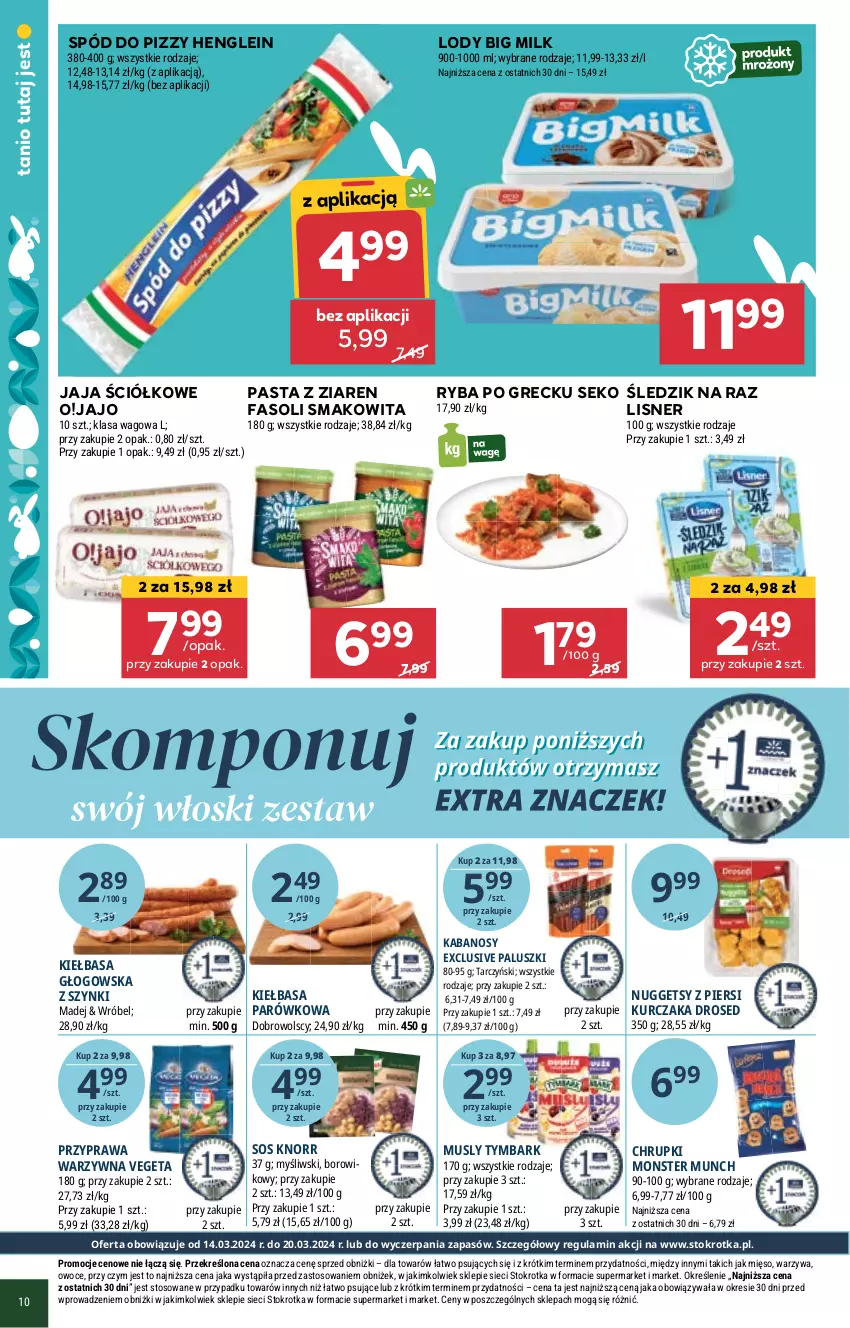 Gazetka promocyjna Stokrotka - Market - ważna 14.03 do 20.03.2024 - strona 11 - produkty: Big Milk, Chrupki, Fa, Jaja, Kabanos, Kiełbasa, Kiełbasa głogowska, Knorr, Kurczak, Lisner, Lody, Mięso, Monster Munch, Mus, Owoce, Ryba, Ryba po grecku, SEKO, Smakowita, Sos, Spód do pizzy, Tarczyński, Tymbark, Vegeta, Warzywa, Wiko