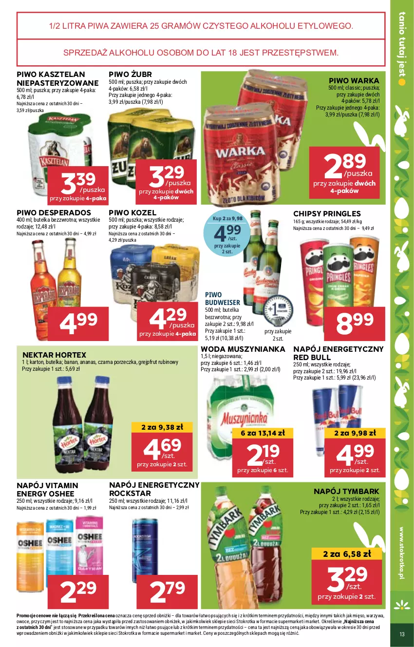 Gazetka promocyjna Stokrotka - Market - ważna 14.03 do 20.03.2024 - strona 14 - produkty: Ananas, Chipsy, Desperados, Gra, Grejpfrut, Hortex, Kasztelan, Kozel, Mięso, Mus, Muszynianka, Napój, Napój energetyczny, Nektar, Oshee, Owoce, Piwa, Piwo, Por, Pringles, Red Bull, Rubin, Ser, Tymbark, Warka, Warzywa, Woda