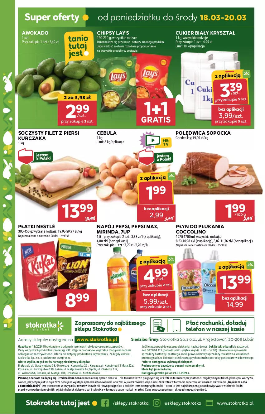 Gazetka promocyjna Stokrotka - Market - ważna 14.03 do 20.03.2024 - strona 17 - produkty: 7up, Cebula, Chipsy, Coccolino, Cukier, Dres, Filet z piersi kurczaka, Gra, JBL, Karp, Kosz, Kurczak, Lay’s, Mięso, Mirinda, Napój, Nestlé, O nas, Owoce, Pepsi, Pepsi max, Płyn do płukania, Polędwica, Por, Ser, Szal, Telefon, Wagi, Warzywa, Wilson