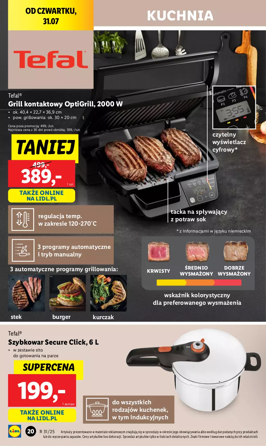 Gazetka promocyjna Lidl - GAZETKA - ważna 28.07 do 02.08.2025 - strona 20 - produkty: Burger, Fa, Gra, Grill, Grill kontaktowy, Kuchnia, Kurczak, Sito, Sok, Stek, Szybkowar, Tefal