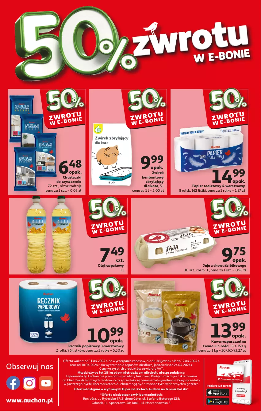 Gazetka promocyjna Auchan - Oferta 50% zwrotu w e-bonie 18-24.04.2024 - ważna 18.04 do 24.04.2024 - strona 2 - produkty: Acer, Chipsy, Chusteczki, Chusteczki do czyszczenia, Fa, Jaja, Kawa, Kawa rozpuszczalna, Olej, Olej rzepakowy, Papier, Papier toaletowy, Ręcznik, Rolki, Ser, Tera