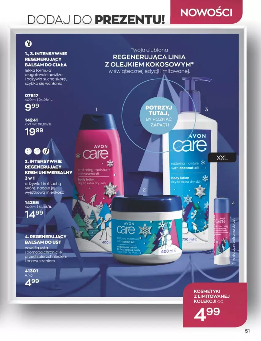 Gazetka promocyjna Avon - Katalog Avon 11/2021 kampania listopad - ważna 01.11 do 30.11.2021 - strona 51 - produkty: Balsam do ciała, Balsam do ust, Kokos, Krem uniwersalny, Olej, Ser