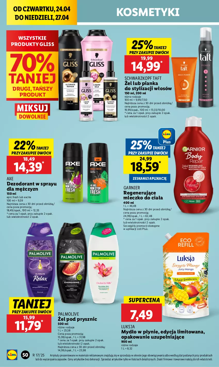 Gazetka promocyjna Lidl - GAZETKA - ważna 24.04 do 27.04.2025 - strona 54 - produkty: Dezodorant, Garnier, Luksja, Mleczko, Mleczko do ciała, Mydło, Mydło w płynie, Palmolive, Schwarzkopf, Taft