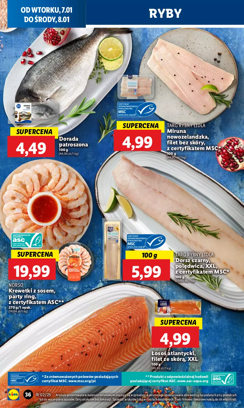 Gazetka promocyjna Lidl - GAZETKA - ważna 07.01 do 08.01.2025 - strona 40 - produkty: Dorsz, Krewetki, Miruna, Polędwica, Sos