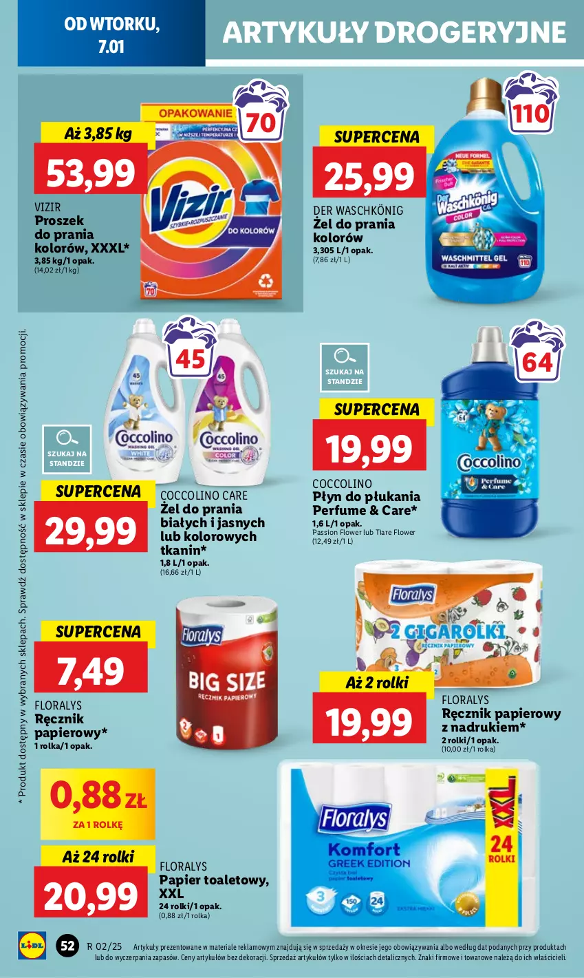 Gazetka promocyjna Lidl - GAZETKA - ważna 07.01 do 08.01.2025 - strona 58 - produkty: Coccolino, Flora, König, Papier, Papier toaletowy, Perfum, Płyn do płukania, Proszek do prania, Ręcznik, Rolki, Vizir