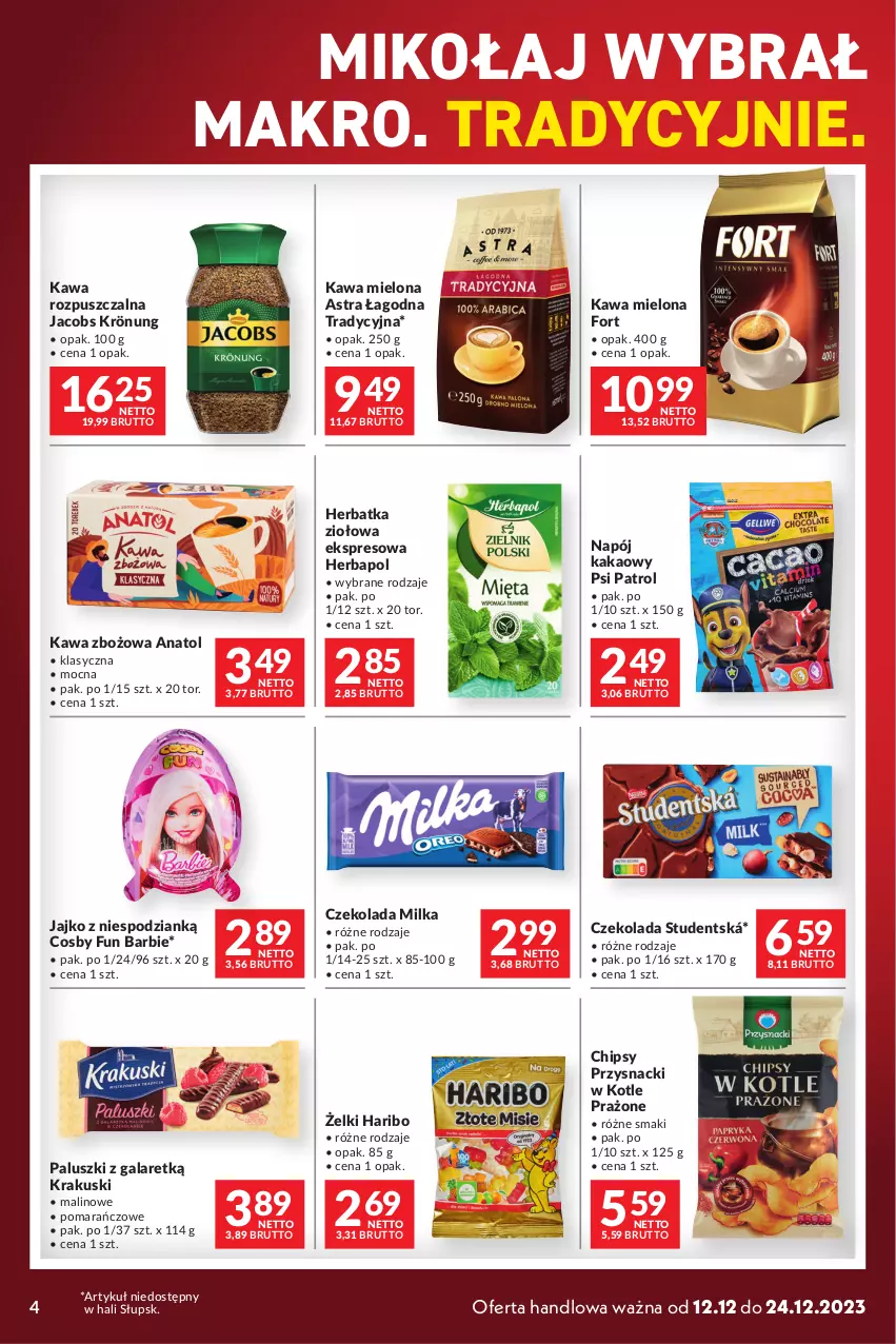 Gazetka promocyjna Makro - Mega oferty dla Twojego Sklepu - oferta z alkoholem - ważna 12.12 do 24.12.2023 - strona 4 - produkty: Barbie, Chipsy, Czekolada, Gala, Haribo, Herbapol, Jacobs, Jacobs Krönung, Kakao, Kawa, Kawa mielona, Kawa rozpuszczalna, Kawa zbożowa, Krakus, Krakuski, Milka, Napój, Przysnacki, Psi Patrol