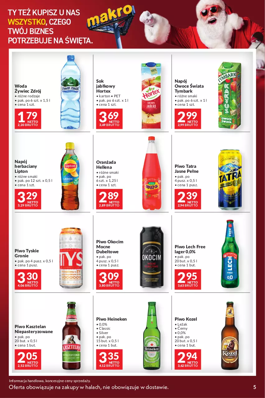 Gazetka promocyjna Makro - Mega oferty dla Twojego Sklepu - oferta z alkoholem - ważna 12.12 do 24.12.2023 - strona 5 - produkty: Heineken, Hellena, Hortex, Kasztelan, Koc, Kozel, Lipton, Napój, Okocim, Oranżada, Owoce, Piwo, Sok, Sok jabłkowy, Tatra, Tymbark, Tyskie, Woda