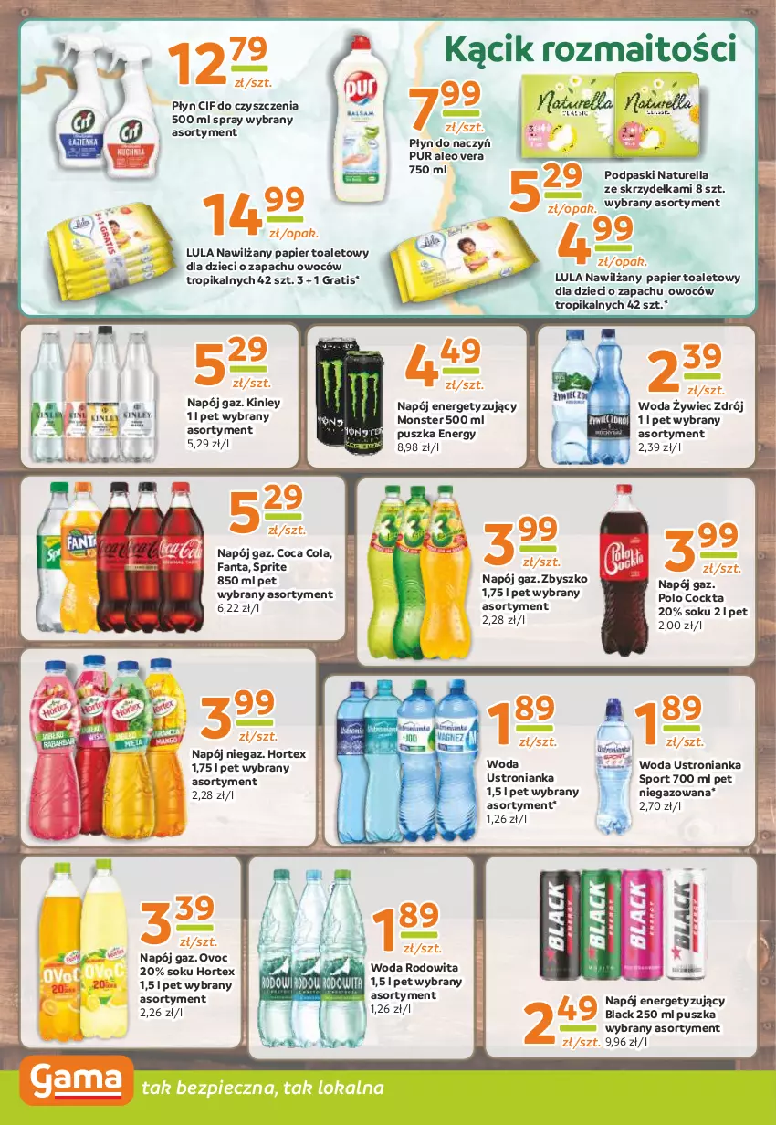 Gazetka promocyjna Gama - Gazetka Gama - ważna 25.04 do 07.05.2024 - strona 10 - produkty: Cif, Dzieci, Fa, Fanta, Gra, Hortex, Lack, Napój, Naturell, Naturella, Nawilżany papier, Papier, Papier toaletowy, Piec, Podpaski, Por, Pur, Sok, Sport, Sprite, Woda