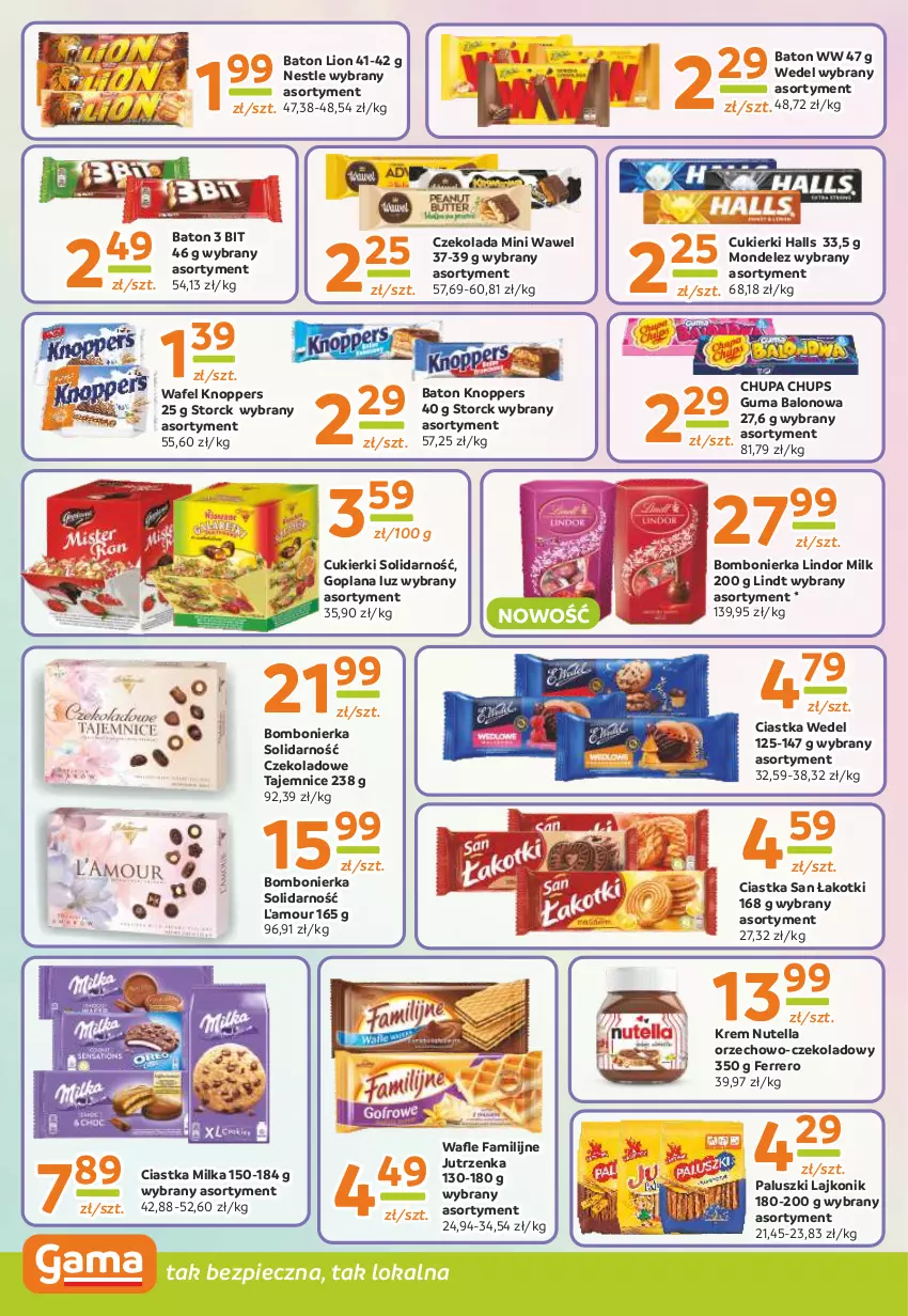 Gazetka promocyjna Gama - Gazetka Gama - ważna 25.04 do 07.05.2024 - strona 6 - produkty: Baton, Chupa Chups, Ciastka, Cukier, Cukierki, Czekolada, Fa, Ferrero, Goplana, Halls, Jutrzenka, Knoppers, Lajkonik, LANA, Lindor, Lindt, Lion, Milka, Nutella, Piec, Wawel