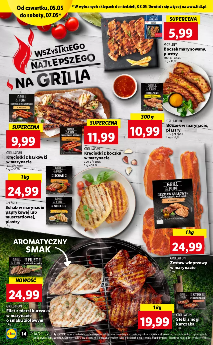 Gazetka promocyjna Lidl - GAZETKA - ważna 05.05 do 07.05.2022 - strona 14 - produkty: Boczek, Filet z piersi kurczaka, Grill, Kurczak, Morliny, Mus, Stek